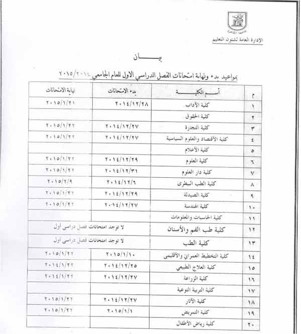 تنتهي 24 يناير المقبل ننشر جدول مواعيد امتحانات كليات جامعة القاهرة بوابة الأهرام