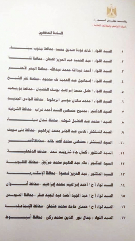 اسماء المحافظين الجدد اليوم الخميس 30 اغسطس 2018 .. والقائمة الكاملة لحركة المحافظين