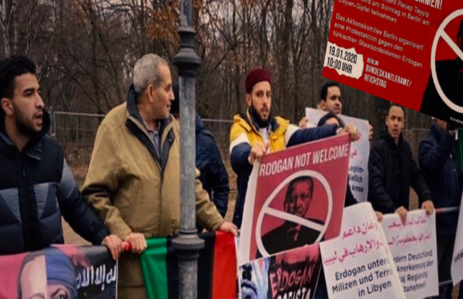مظاهرات أمام مقر انعقاد قمة ليبيا في برلين رفضا لمشاركة أردوغان يدعم تنظيم داعش الإرهابي