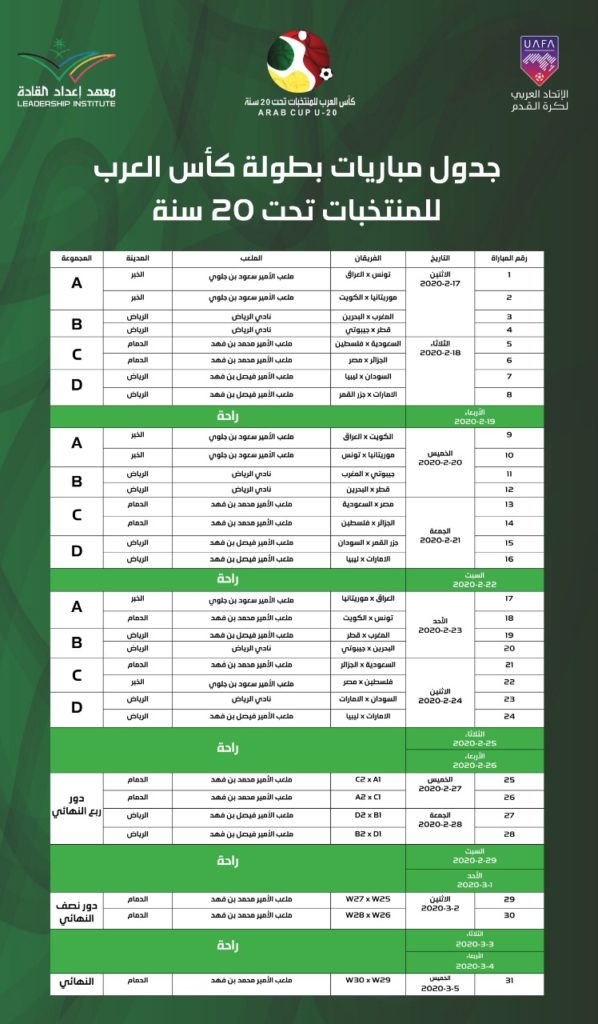 مواعيد مباريات بطولة كأس العرب لمنتخبات الشباب