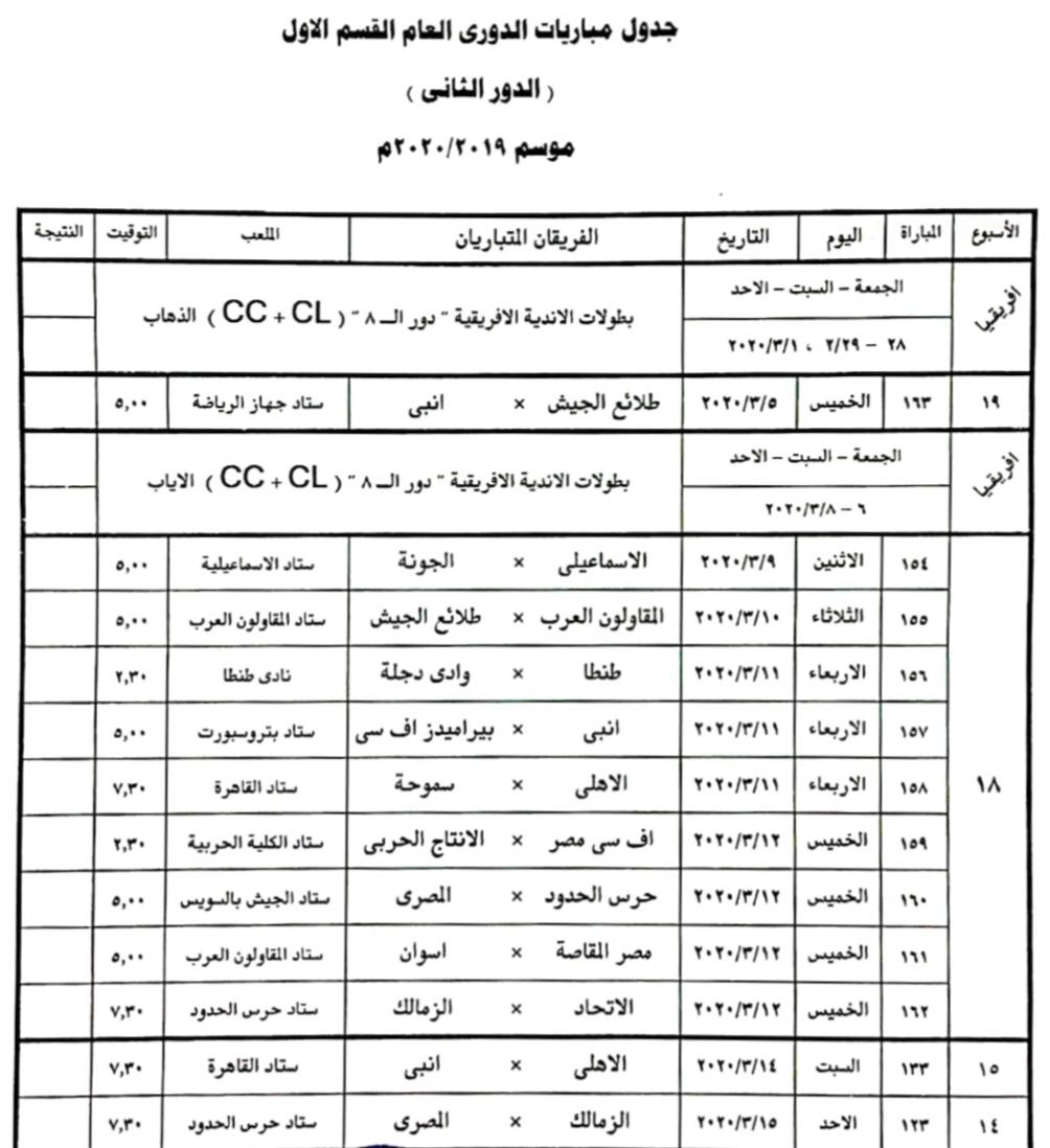 جدول مباريات الدور الثاني من الدوري المصري