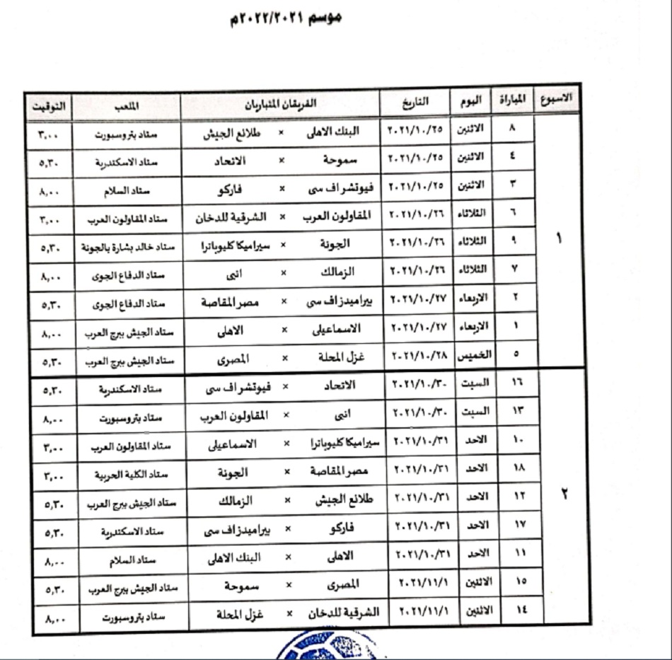 جدول مباريات الجولة 1 و2 بالدوري المصري