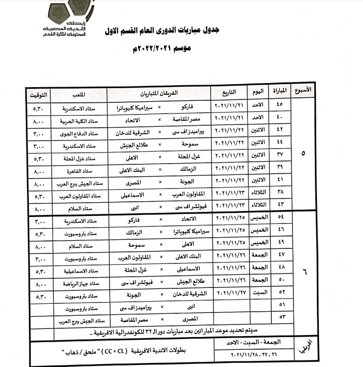 جدول مباريات الجولة 5 و6 بالدوري المصري