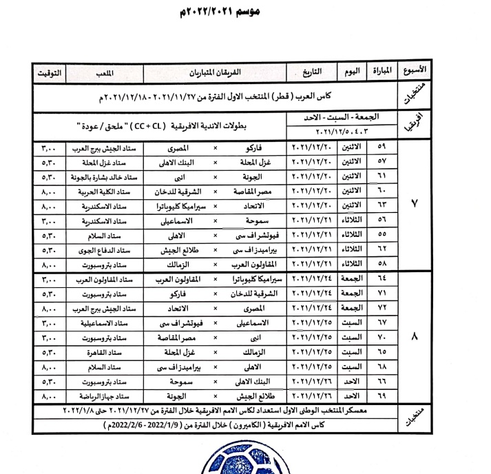 جدول مباريات الجولة 7 و8 بالدوري المصري