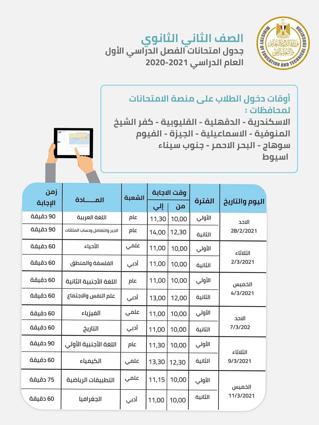 جدول حضور طلاب الثانوية بالمحافظات