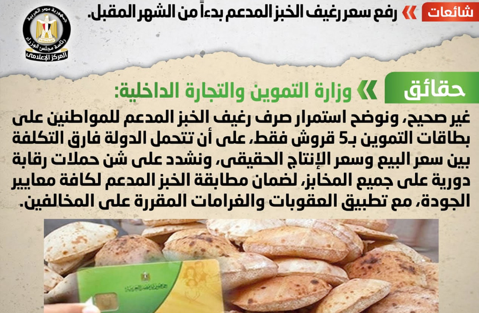 تعرف على حقيقة رفع سعر رغيف الخبز المدعم بدءا من الشهر المقبل - بوابة  الأهرام