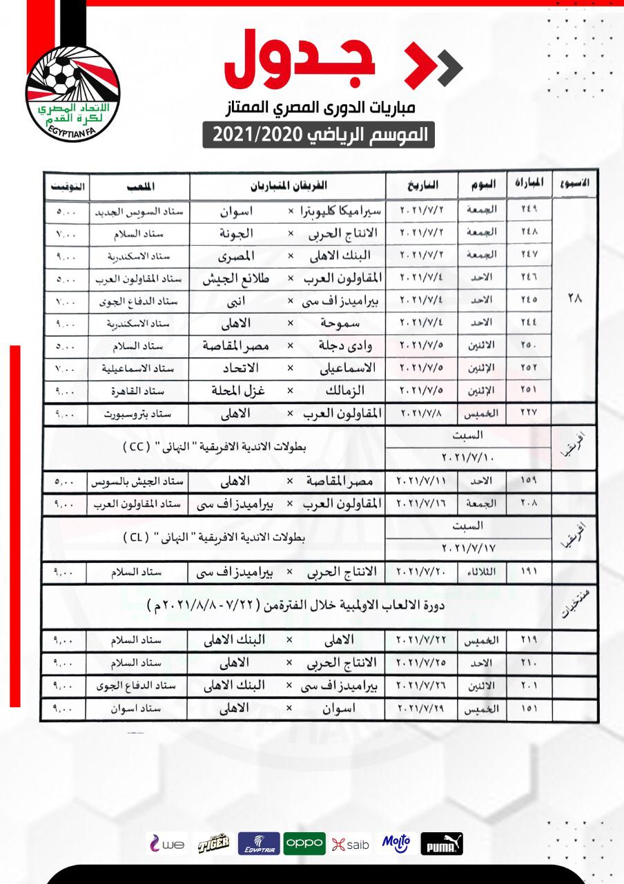 جدول المباريات المتبقية في الدوري الممتاز