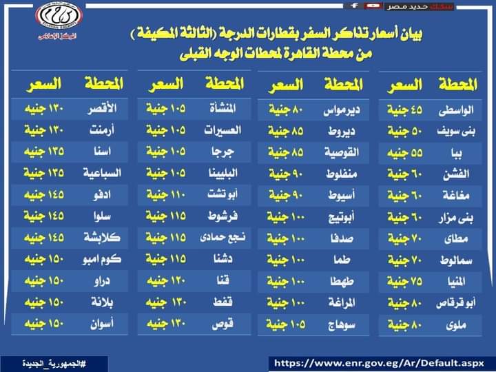 أسعار تذاكر الدرجة الثالثة المكيفة من القاهرة لمدن ومحافظات الوجه القبلي