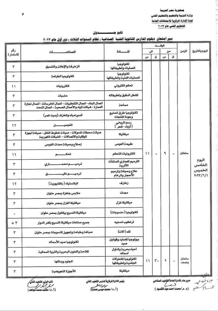 جدول امتحانات الدبلومات الفنية 