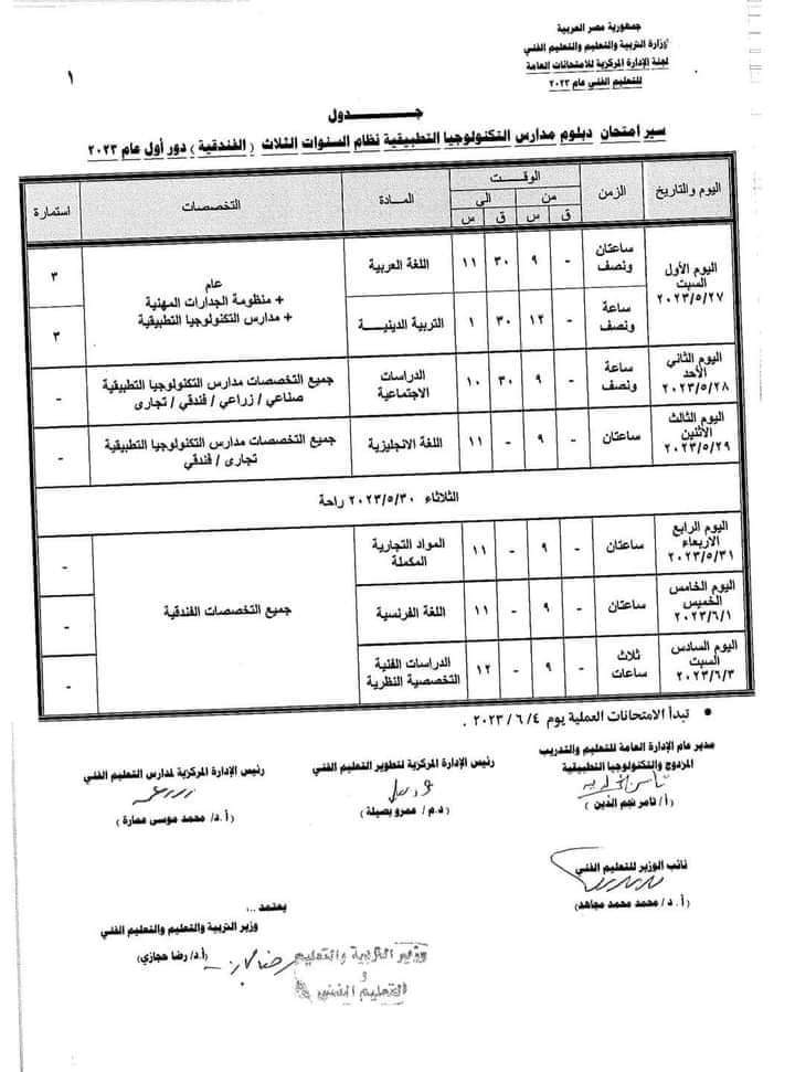 جدول امتحانات الدبلومات الفنية 