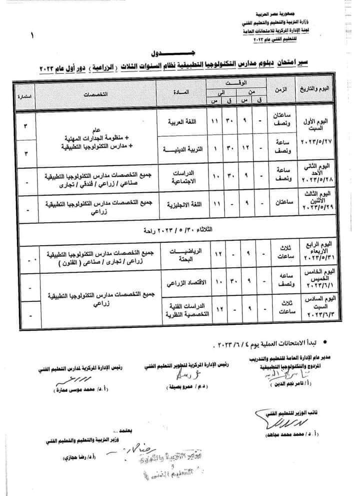 جدول امتحانات الدبلومات الفنية 