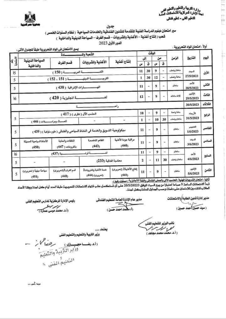 جدول امتحانات الدبلومات الفنية 