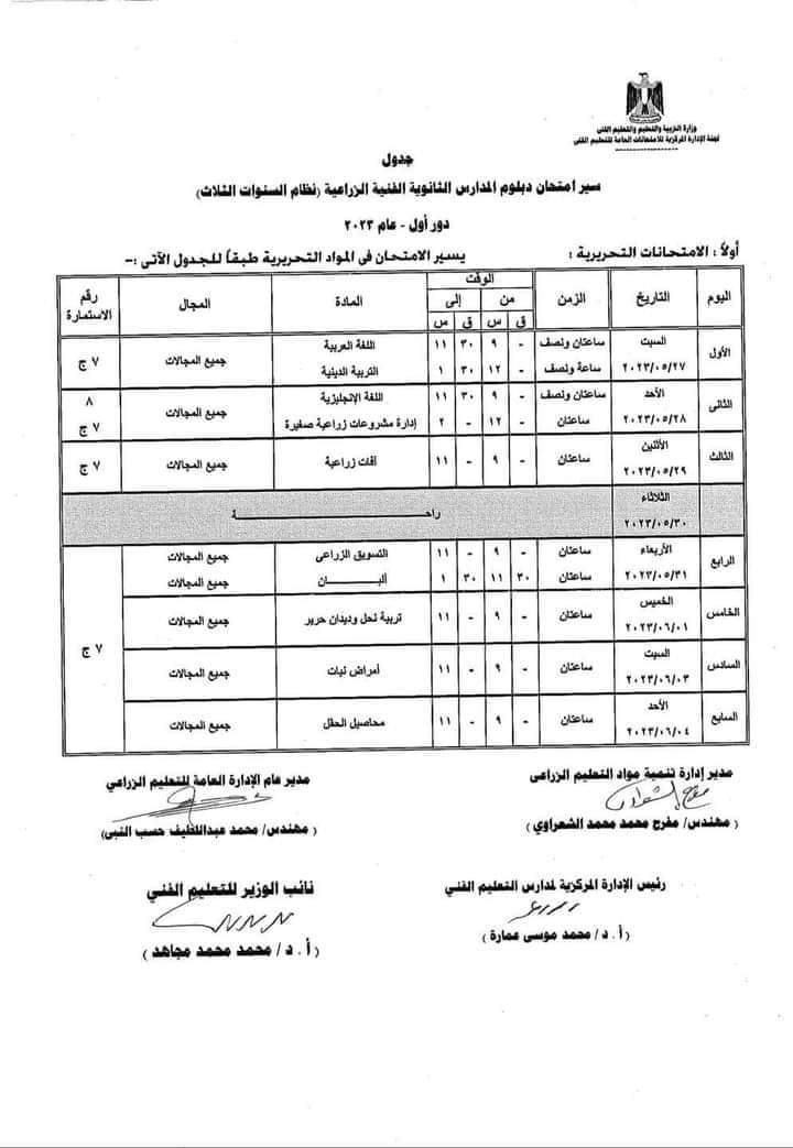 جدول امتحانات الدبلومات الفنية 