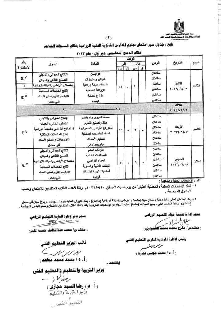 جدول امتحانات الدبلومات الفنية 