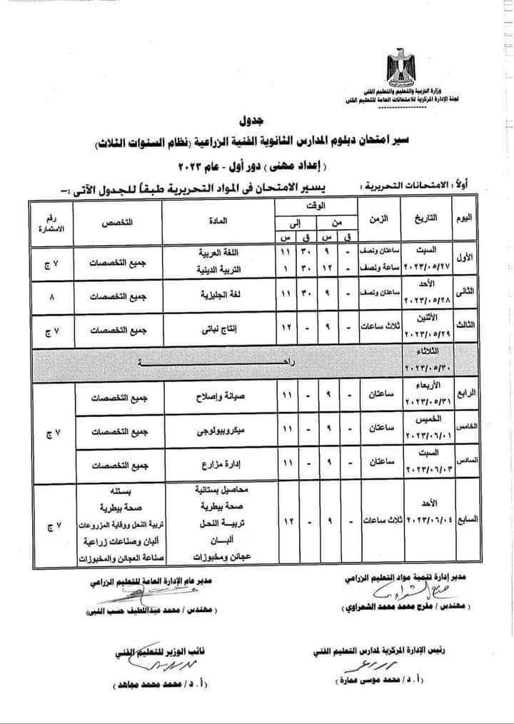 جدول امتحانات الدبلومات الفنية 